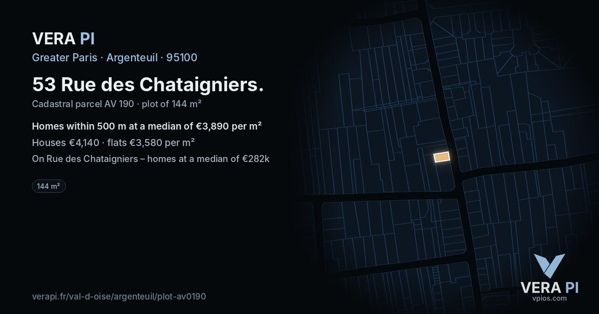 53 Rue des Chataigniers, Argenteuil at night – the plot lit, the parcels around coloured by the prices near them