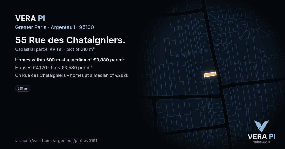 55 Rue des Chataigniers, Argenteuil at night – the plot lit, the parcels around coloured by the prices near them