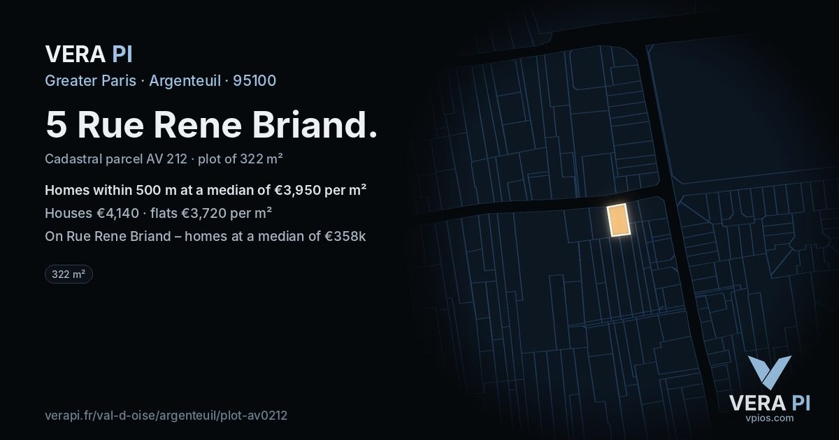 5 Rue Rene Briand, Argenteuil at night – the plot lit, the parcels around coloured by the prices near them