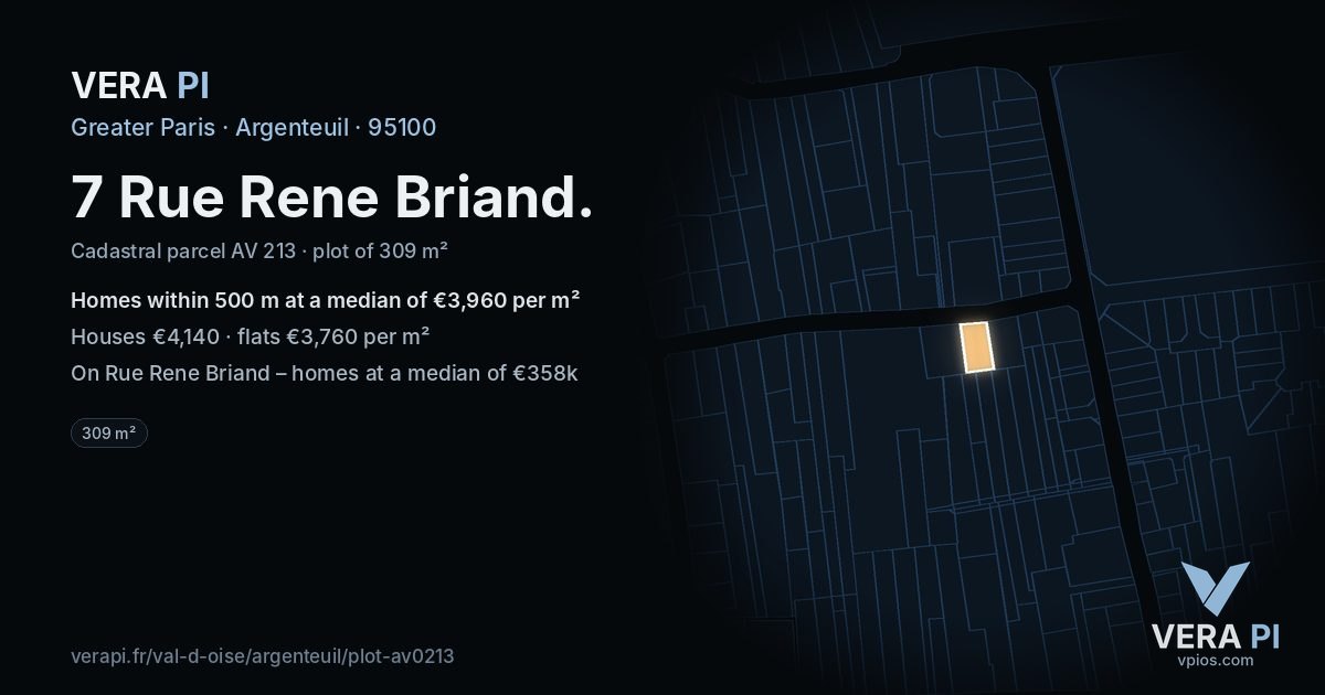 7 Rue Rene Briand, Argenteuil at night – the plot lit, the parcels around coloured by the prices near them