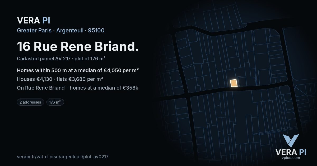16 Rue Rene Briand, Argenteuil at night – the plot lit, the parcels around coloured by the prices near them
