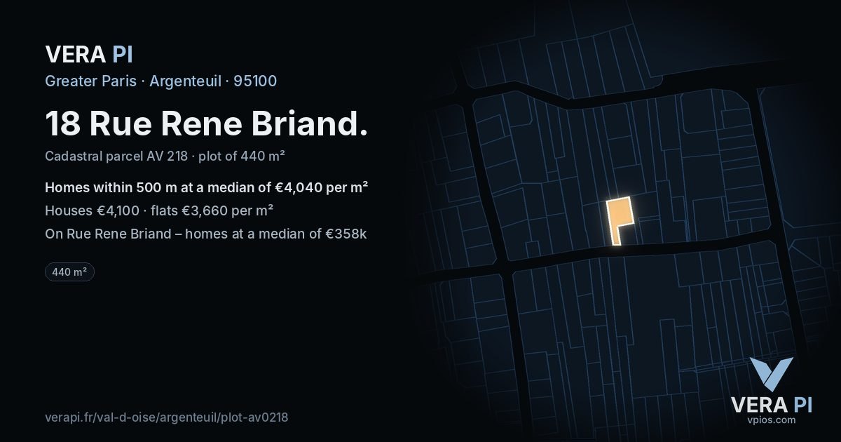 18 Rue Rene Briand, Argenteuil at night – the plot lit, the parcels around coloured by the prices near them