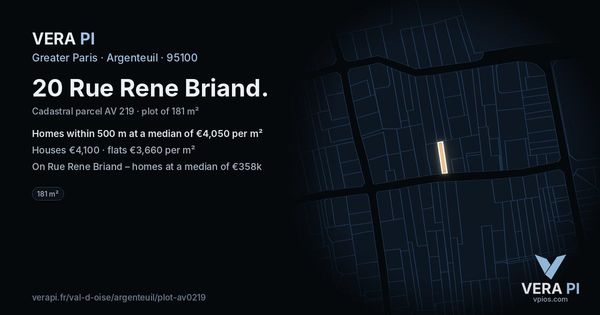 20 Rue Rene Briand, Argenteuil at night – the plot lit, the parcels around coloured by the prices near them