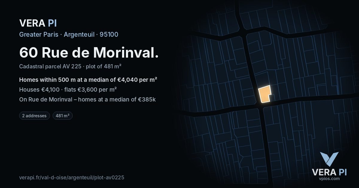 60 Rue de Morinval, Argenteuil at night – the plot lit, the parcels around coloured by the prices near them