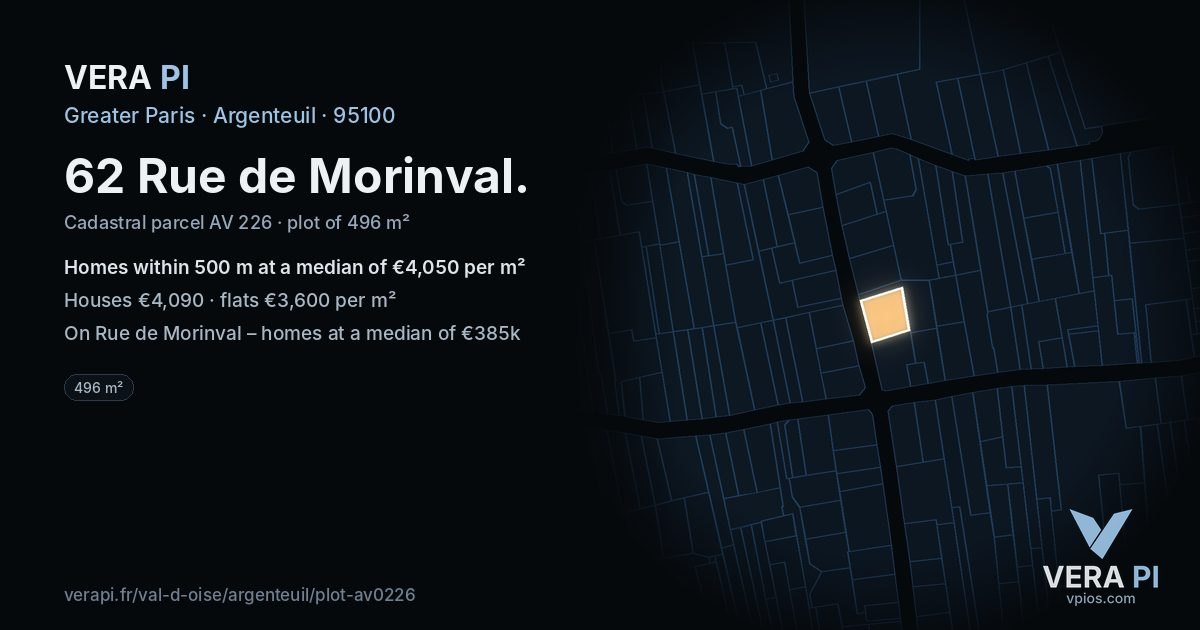 62 Rue de Morinval, Argenteuil at night – the plot lit, the parcels around coloured by the prices near them