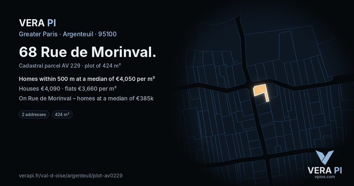 68 Rue de Morinval, Argenteuil at night – the plot lit, the parcels around coloured by the prices near them