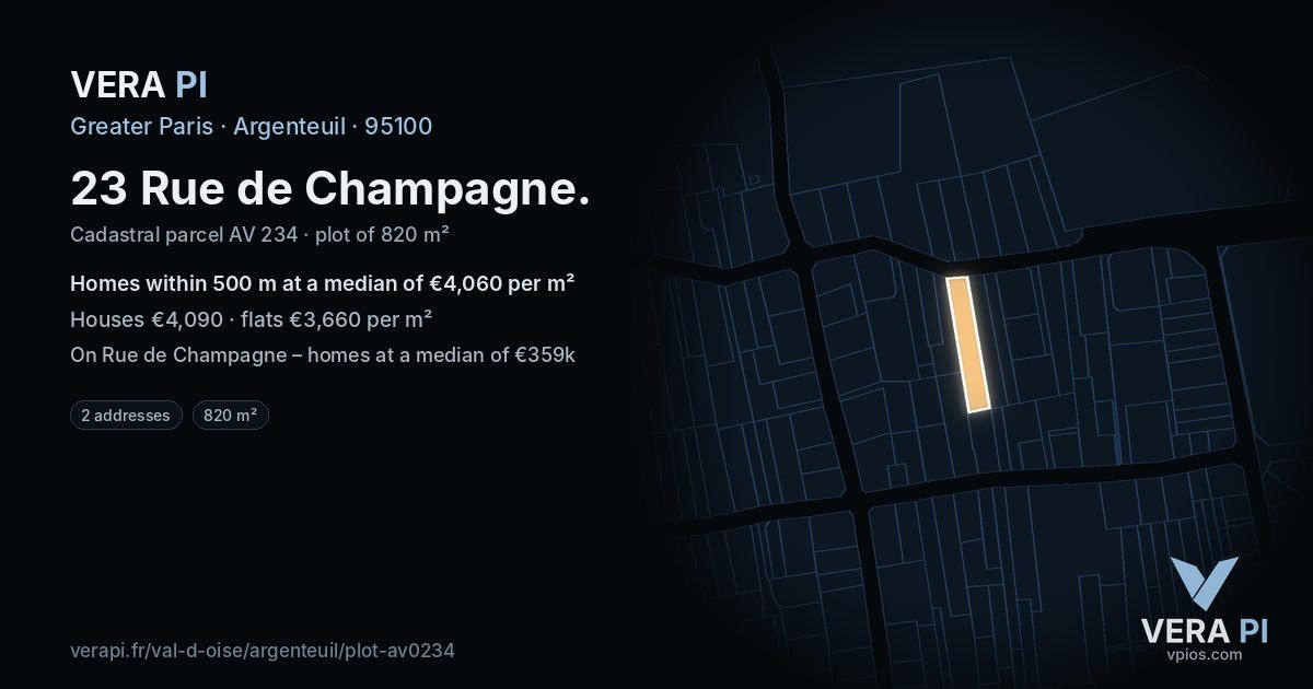 23 Rue de Champagne, Argenteuil at night – the plot lit, the parcels around coloured by the prices near them
