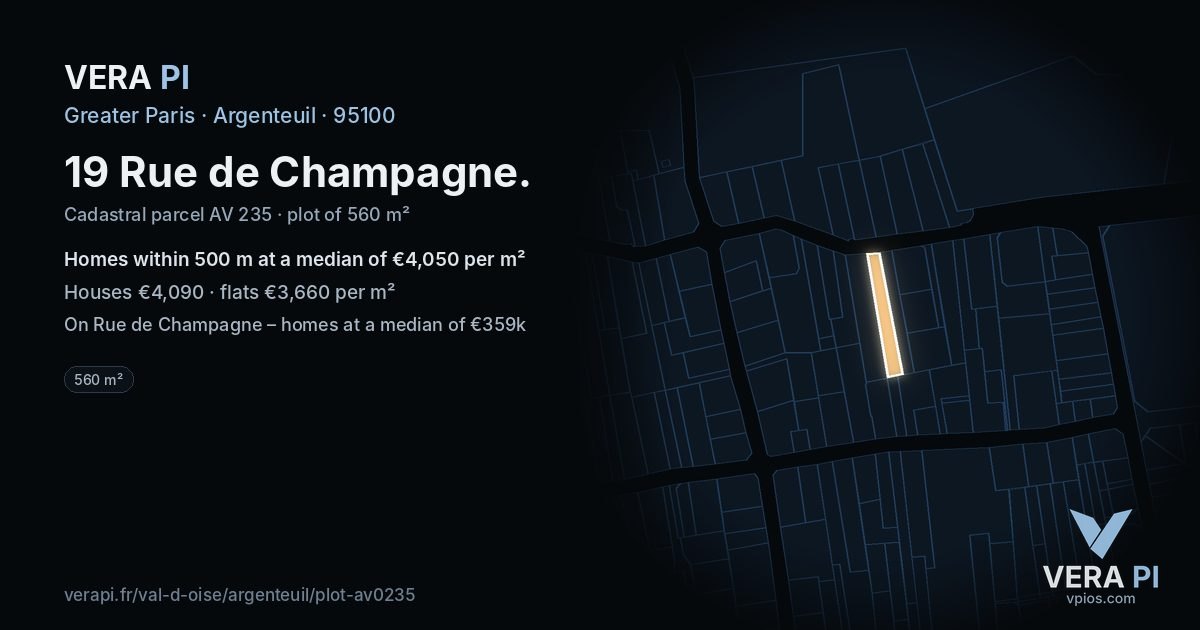 19 Rue de Champagne, Argenteuil at night – the plot lit, the parcels around coloured by the prices near them