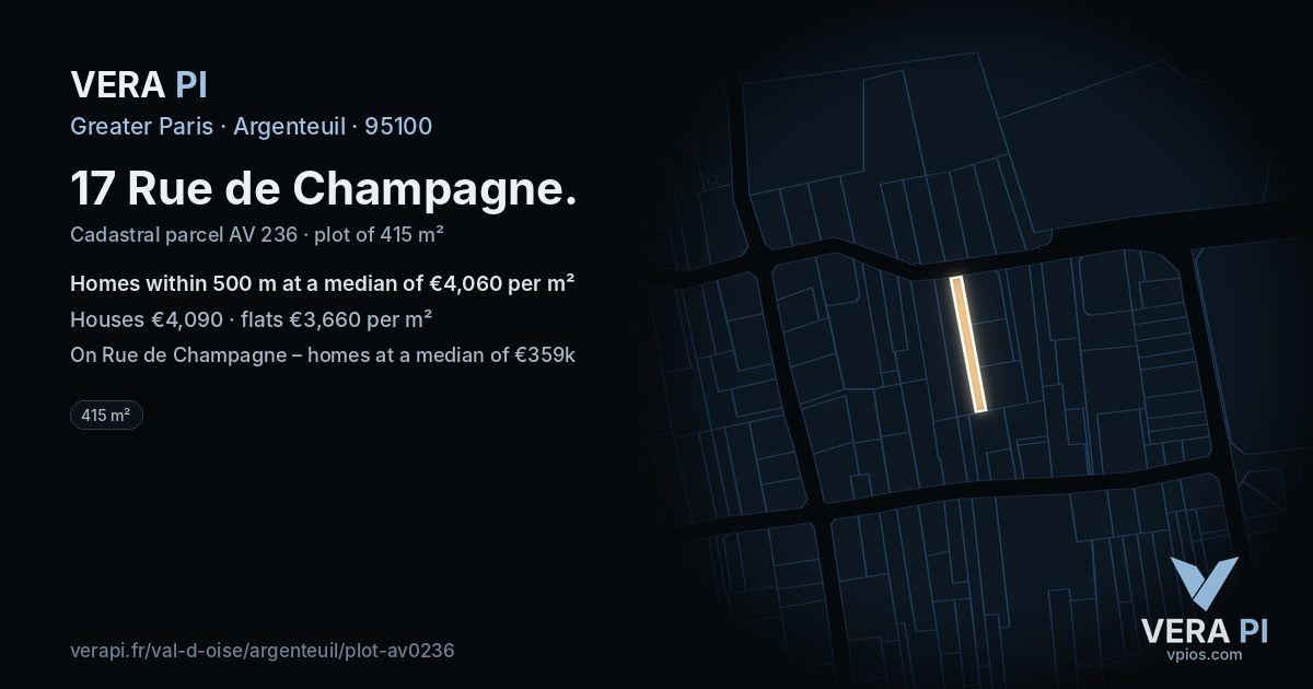 17 Rue de Champagne, Argenteuil at night – the plot lit, the parcels around coloured by the prices near them