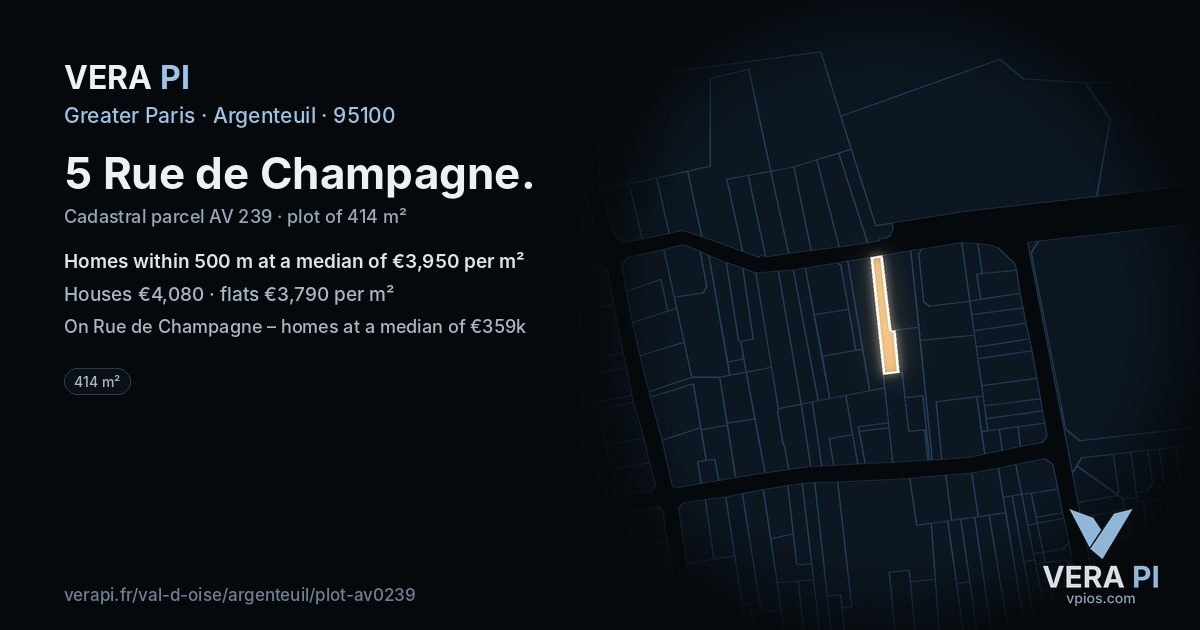 5 Rue de Champagne, Argenteuil at night – the plot lit, the parcels around coloured by the prices near them