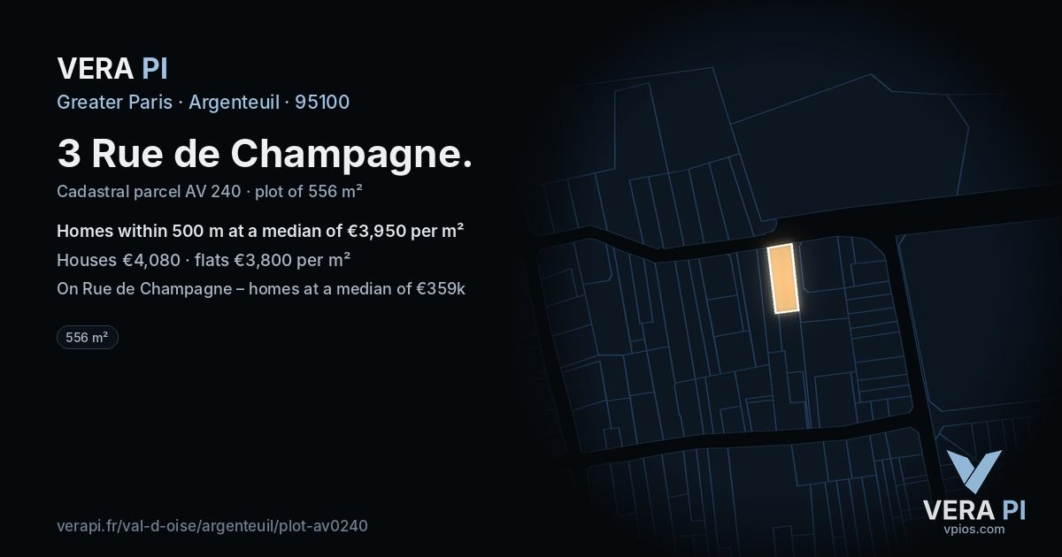 3 Rue de Champagne, Argenteuil at night – the plot lit, the parcels around coloured by the prices near them