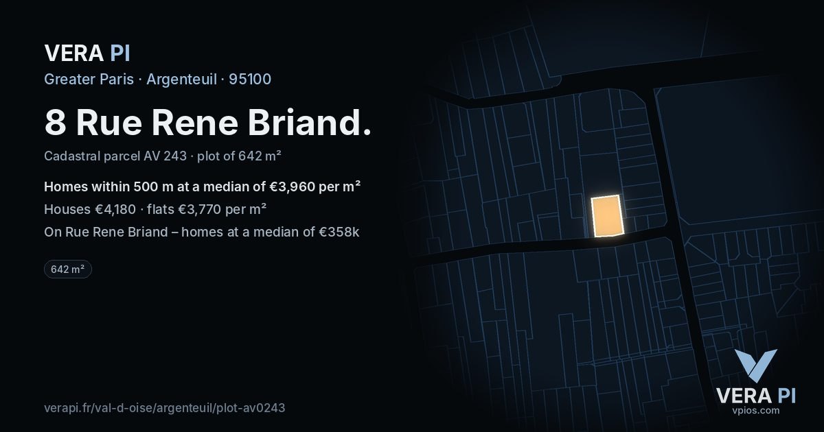 8 Rue Rene Briand, Argenteuil at night – the plot lit, the parcels around coloured by the prices near them