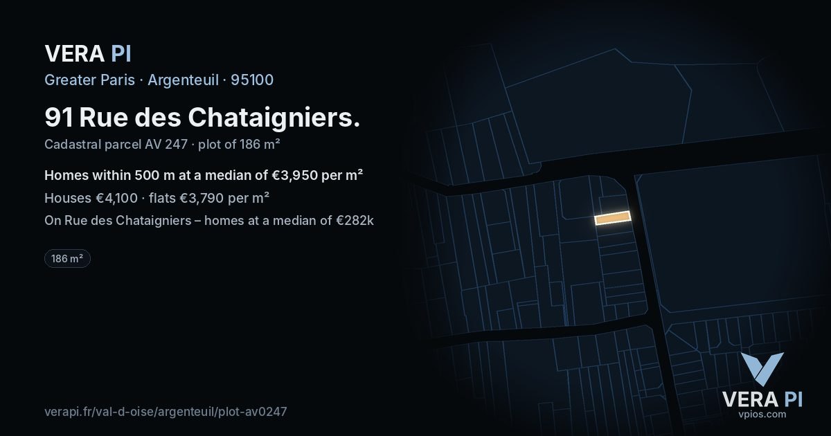 91 Rue des Chataigniers, Argenteuil at night – the plot lit, the parcels around coloured by the prices near them