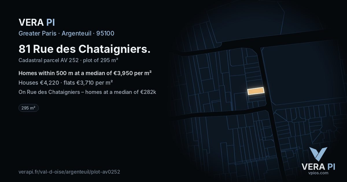 81 Rue des Chataigniers, Argenteuil at night – the plot lit, the parcels around coloured by the prices near them