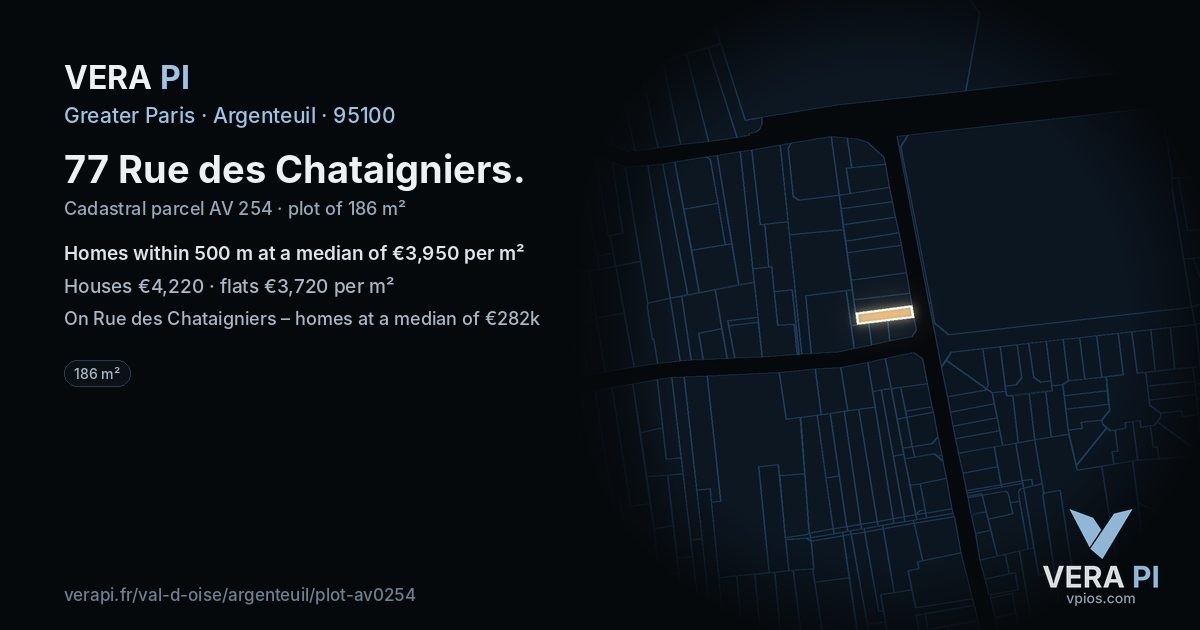 77 Rue des Chataigniers, Argenteuil at night – the plot lit, the parcels around coloured by the prices near them