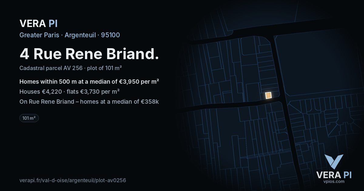 4 Rue Rene Briand, Argenteuil at night – the plot lit, the parcels around coloured by the prices near them