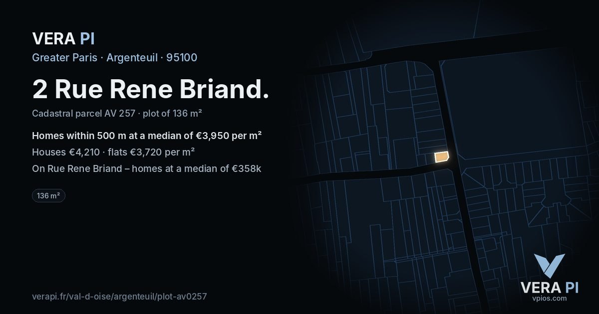 2 Rue Rene Briand, Argenteuil at night – the plot lit, the parcels around coloured by the prices near them