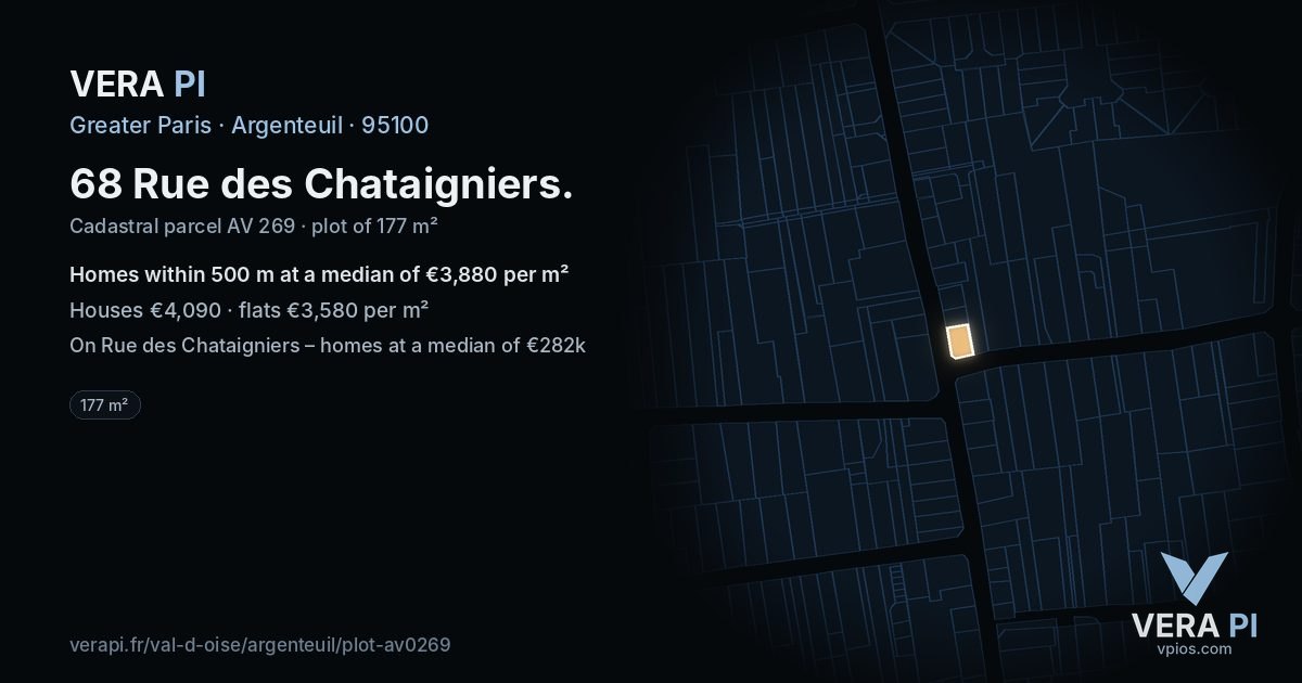 68 Rue des Chataigniers, Argenteuil at night – the plot lit, the parcels around coloured by the prices near them