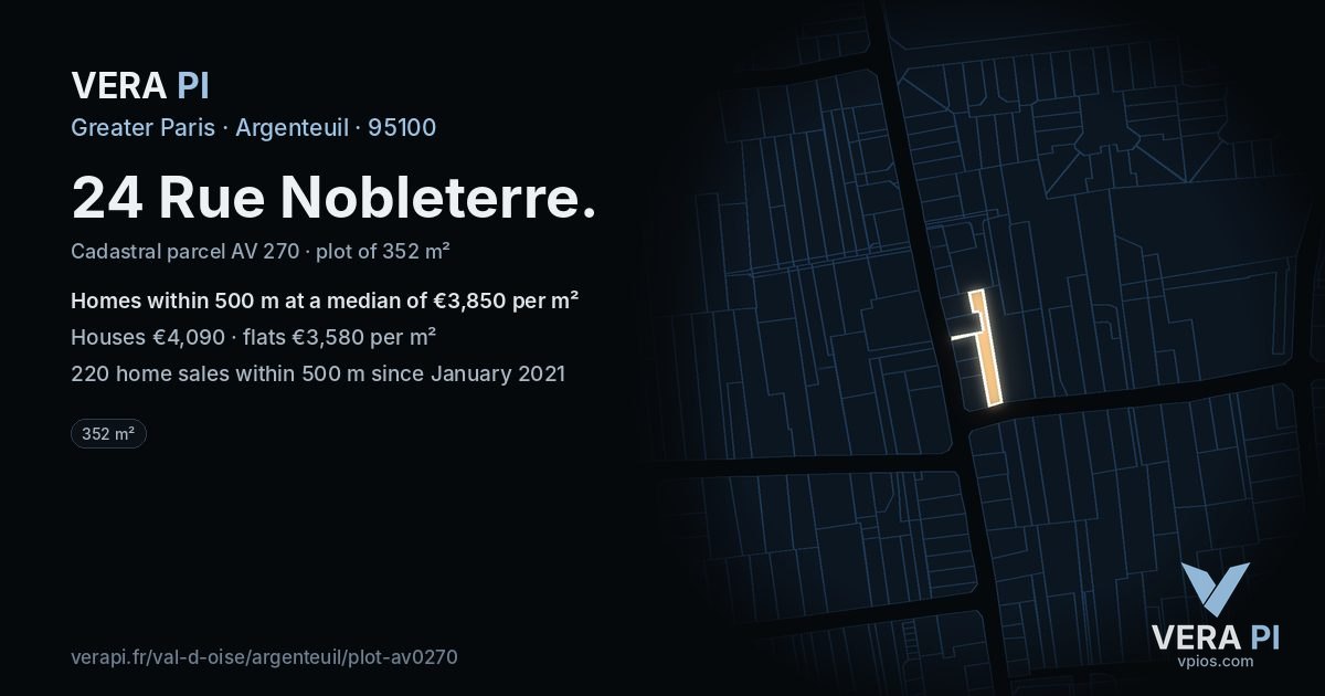 24 Rue Nobleterre, Argenteuil at night – the plot lit, the parcels around coloured by the prices near them