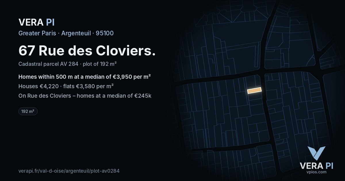 67 Rue des Cloviers, Argenteuil at night – the plot lit, the parcels around coloured by the prices near them