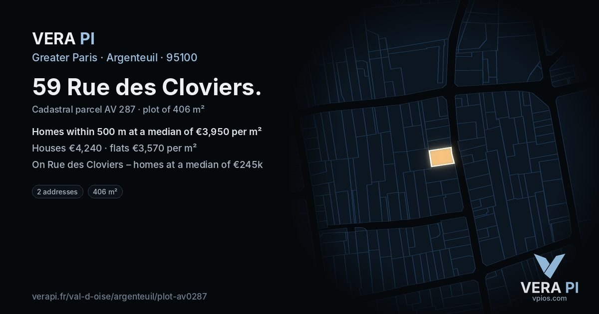 59 Rue des Cloviers, Argenteuil at night – the plot lit, the parcels around coloured by the prices near them