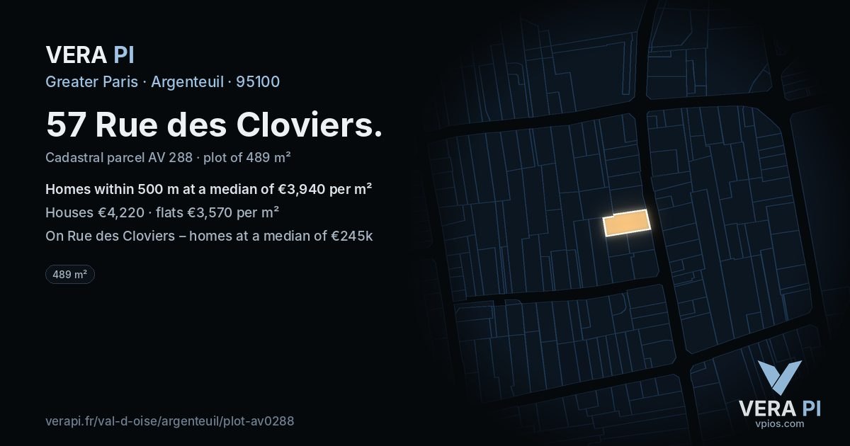 57 Rue des Cloviers, Argenteuil at night – the plot lit, the parcels around coloured by the prices near them