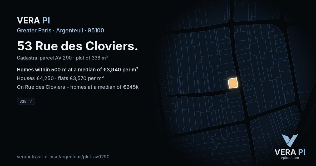 53 Rue des Cloviers, Argenteuil at night – the plot lit, the parcels around coloured by the prices near them