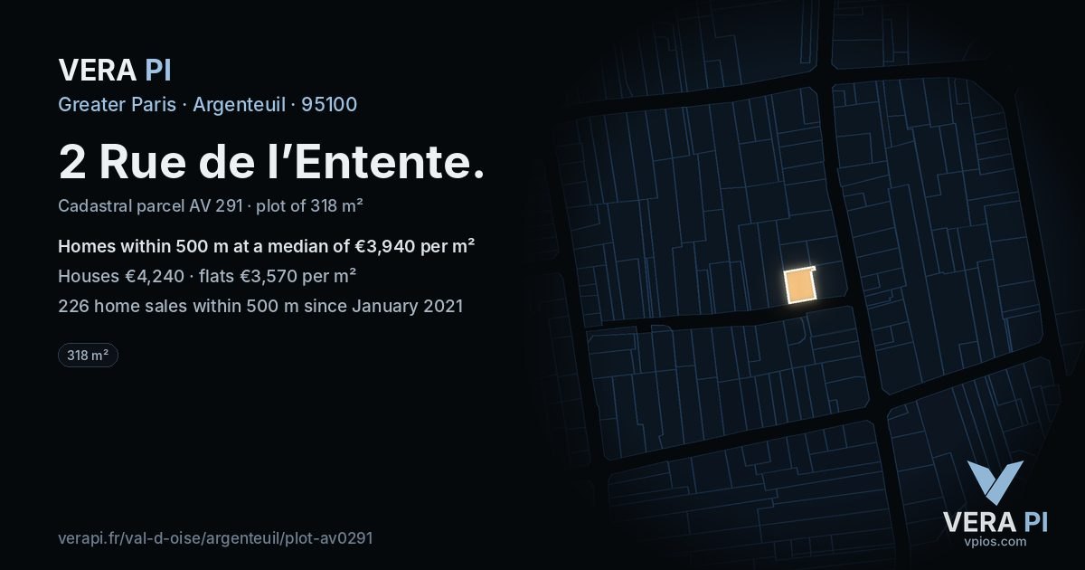 2 Rue de l’Entente, Argenteuil at night – the plot lit, the parcels around coloured by the prices near them