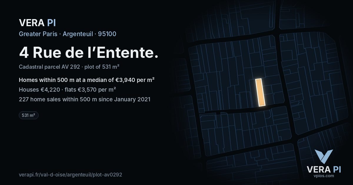 4 Rue de l’Entente, Argenteuil at night – the plot lit, the parcels around coloured by the prices near them