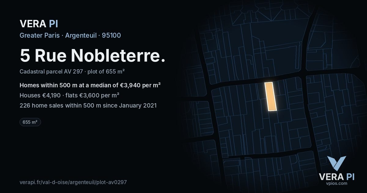 5 Rue Nobleterre, Argenteuil at night – the plot lit, the parcels around coloured by the prices near them