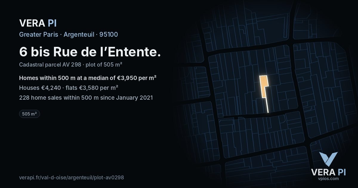 6 bis Rue de l’Entente, Argenteuil at night – the plot lit, the parcels around coloured by the prices near them
