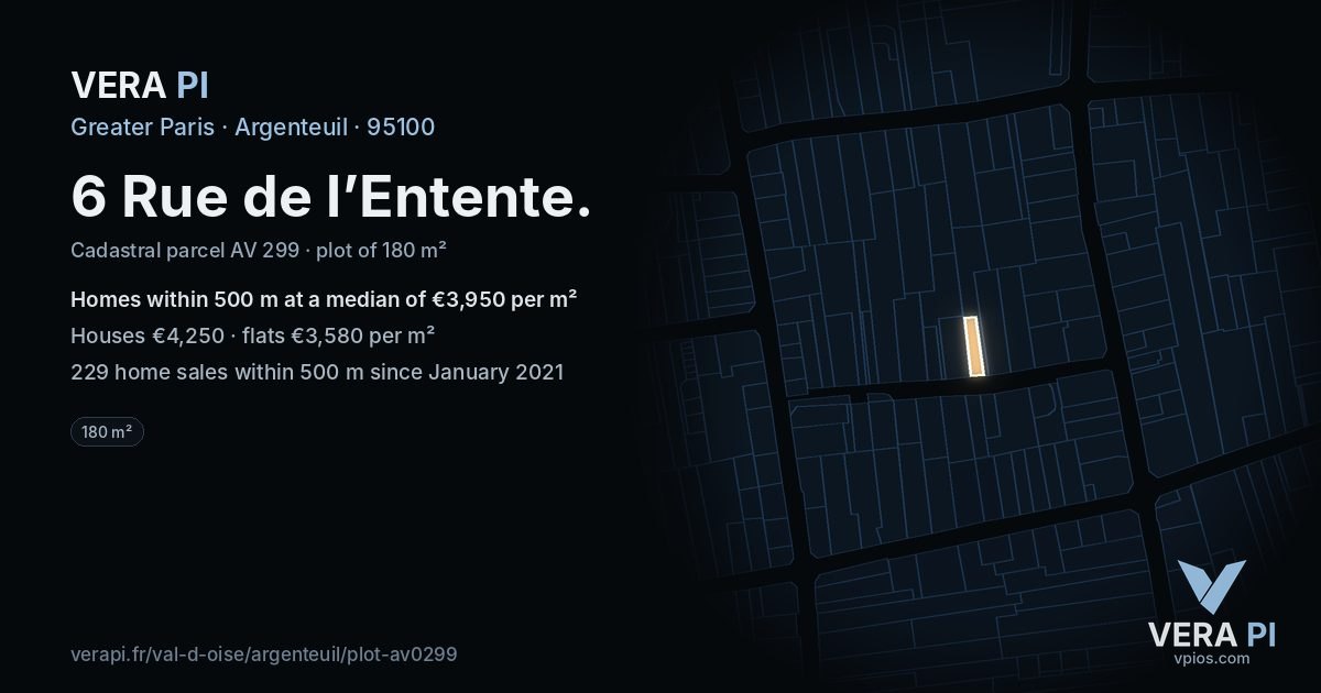 6 Rue de l’Entente, Argenteuil at night – the plot lit, the parcels around coloured by the prices near them