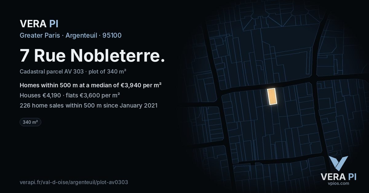7 Rue Nobleterre, Argenteuil at night – the plot lit, the parcels around coloured by the prices near them