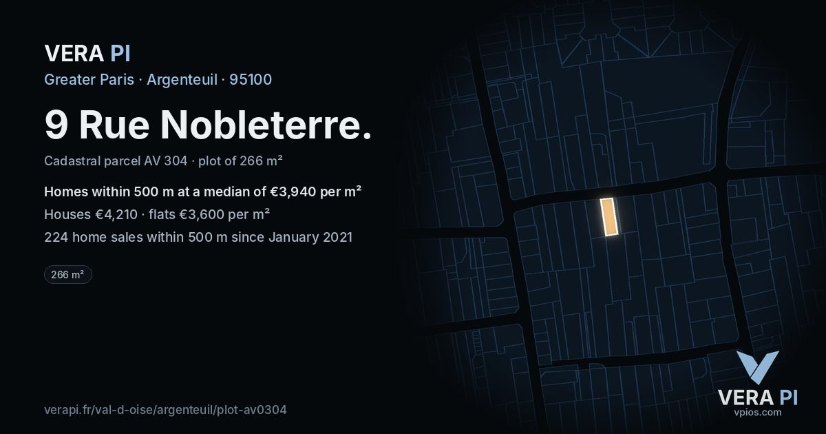 9 Rue Nobleterre, Argenteuil at night – the plot lit, the parcels around coloured by the prices near them
