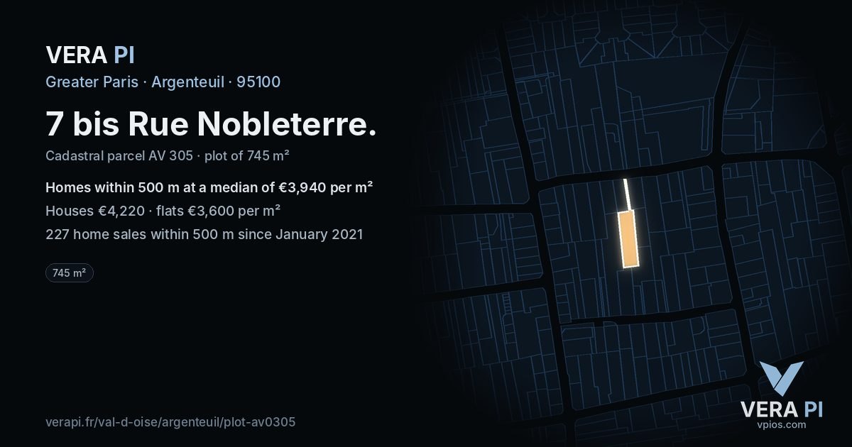 7 bis Rue Nobleterre, Argenteuil at night – the plot lit, the parcels around coloured by the prices near them