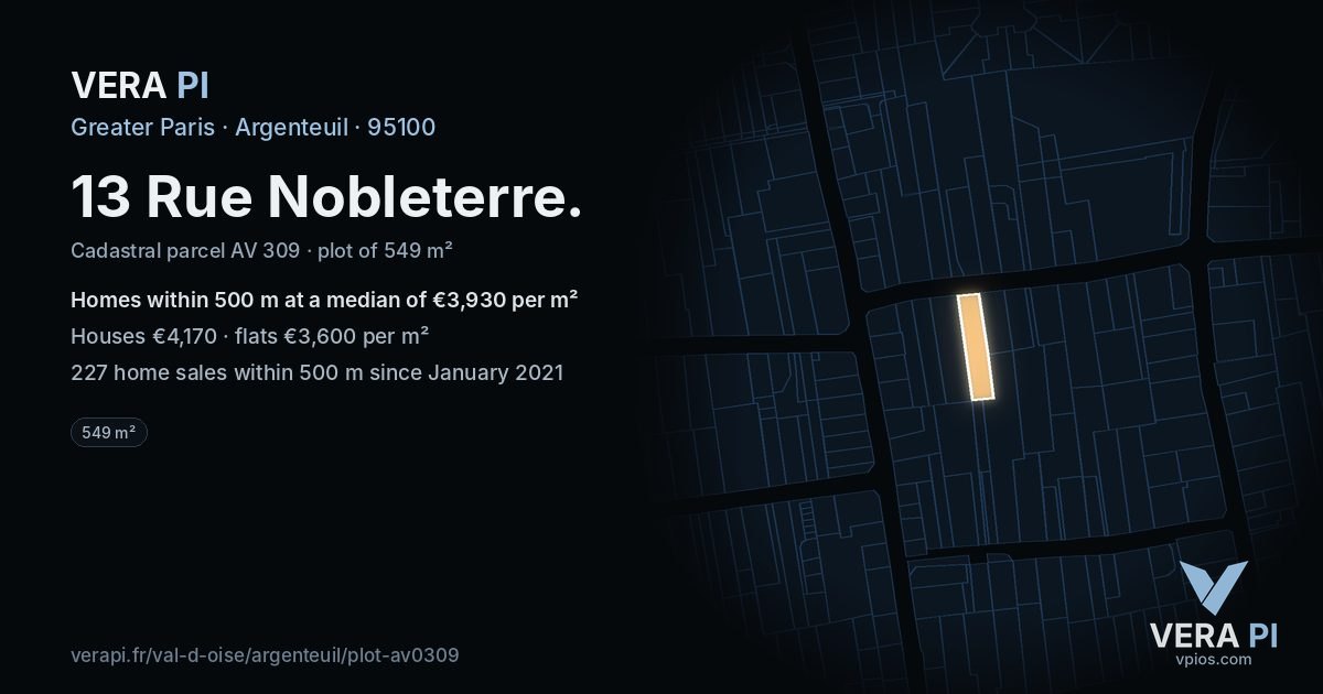 13 Rue Nobleterre, Argenteuil at night – the plot lit, the parcels around coloured by the prices near them