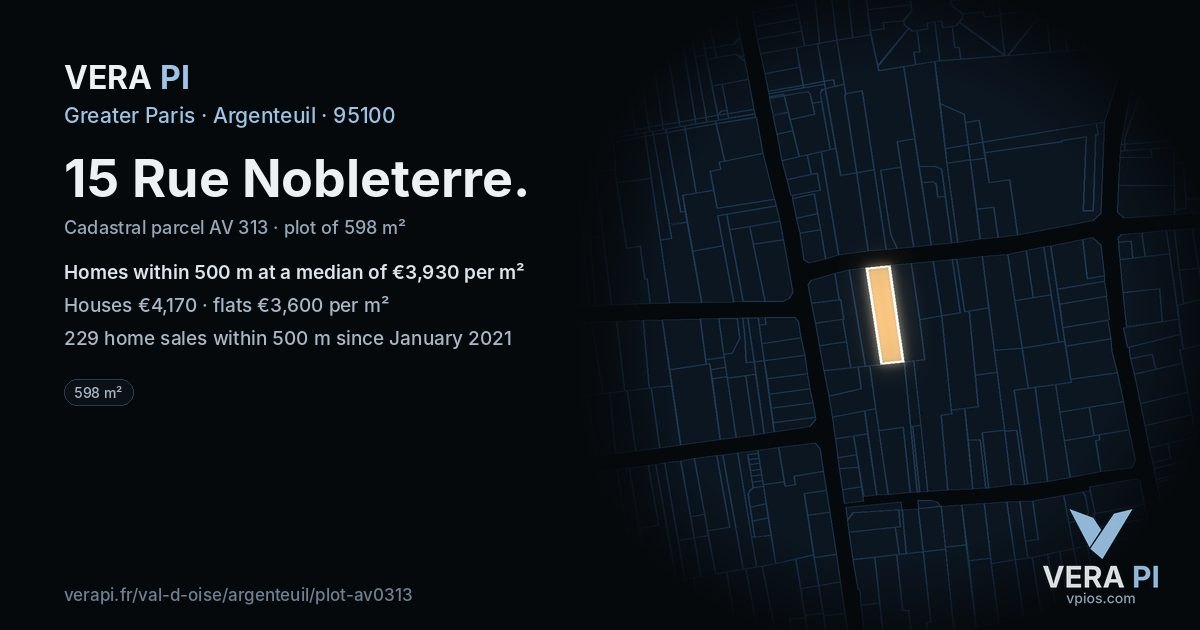 15 Rue Nobleterre, Argenteuil at night – the plot lit, the parcels around coloured by the prices near them