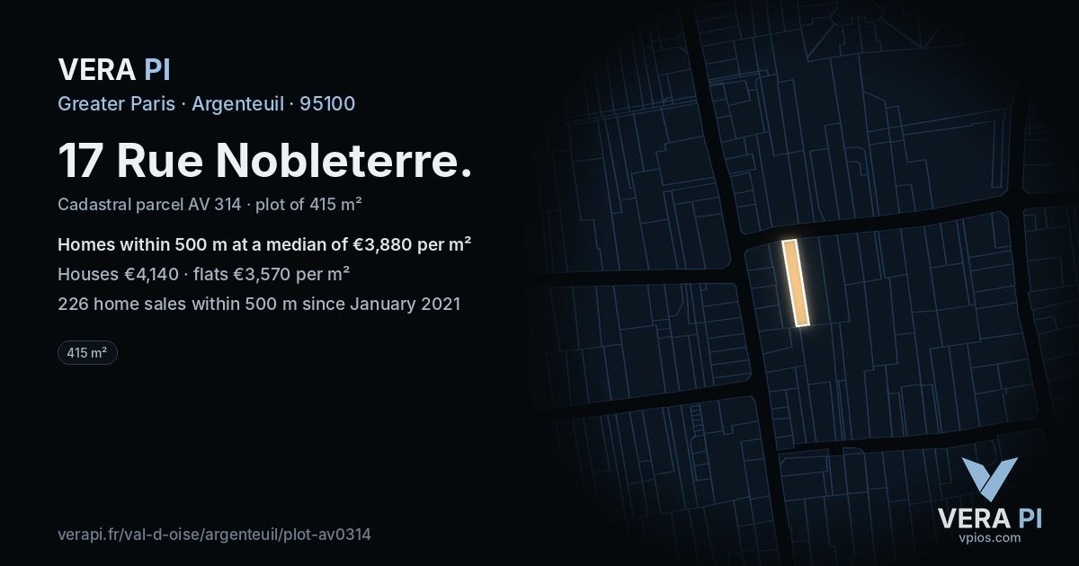 17 Rue Nobleterre, Argenteuil at night – the plot lit, the parcels around coloured by the prices near them