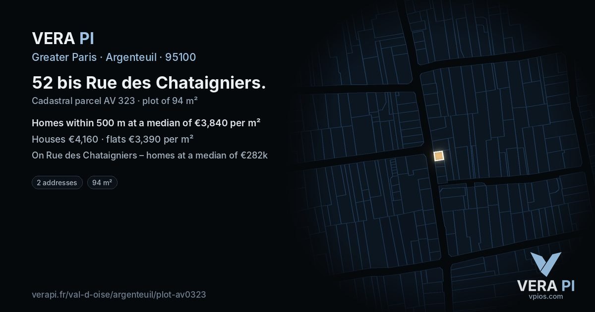 52 bis Rue des Chataigniers, Argenteuil at night – the plot lit, the parcels around coloured by the prices near them