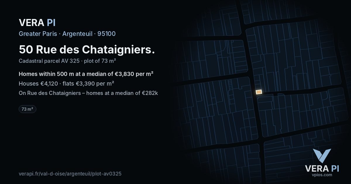 50 Rue des Chataigniers, Argenteuil at night – the plot lit, the parcels around coloured by the prices near them