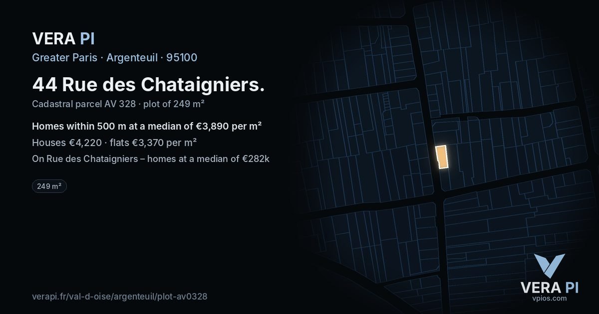 44 Rue des Chataigniers, Argenteuil at night – the plot lit, the parcels around coloured by the prices near them