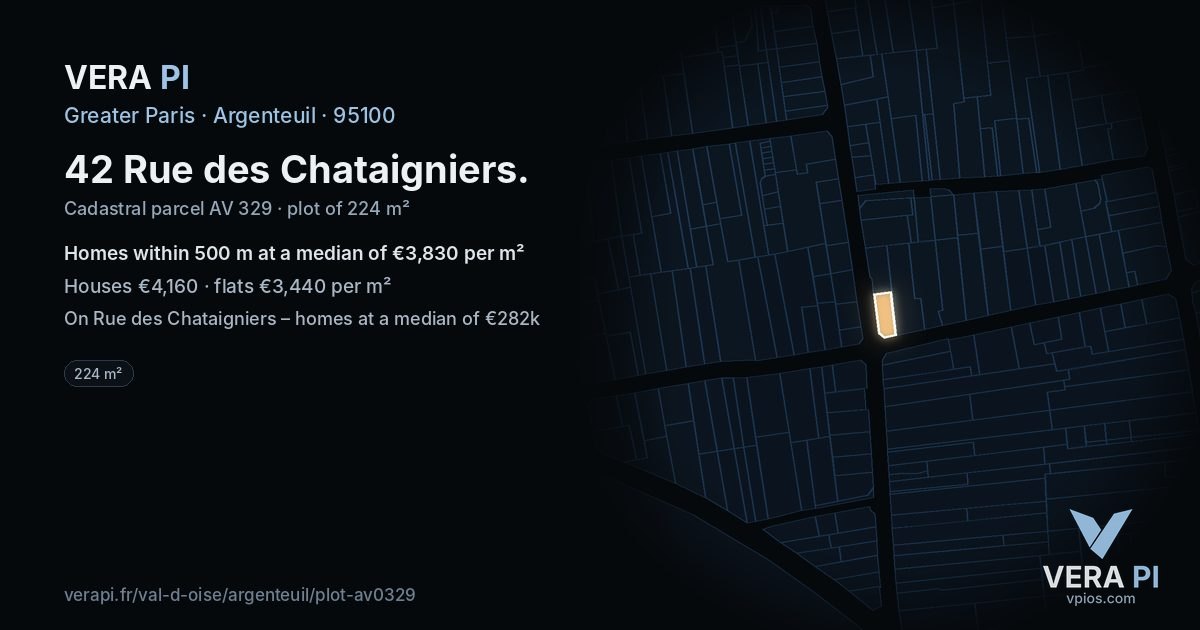 42 Rue des Chataigniers, Argenteuil at night – the plot lit, the parcels around coloured by the prices near them
