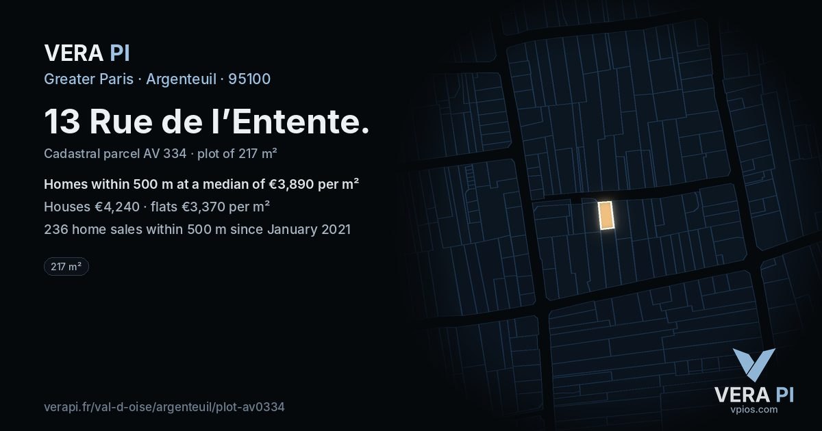 13 Rue de l’Entente, Argenteuil at night – the plot lit, the parcels around coloured by the prices near them