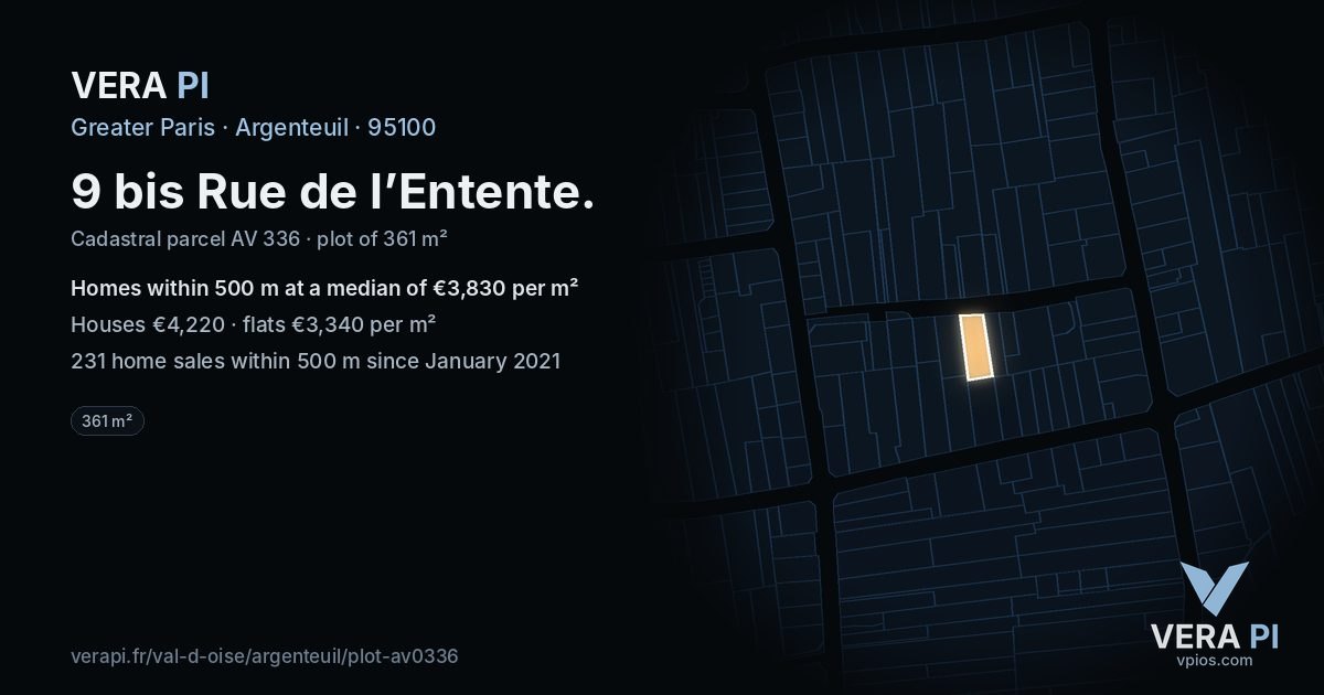 9 bis Rue de l’Entente, Argenteuil at night – the plot lit, the parcels around coloured by the prices near them