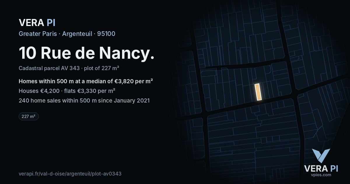 10 Rue de Nancy, Argenteuil at night – the plot lit, the parcels around coloured by the prices near them
