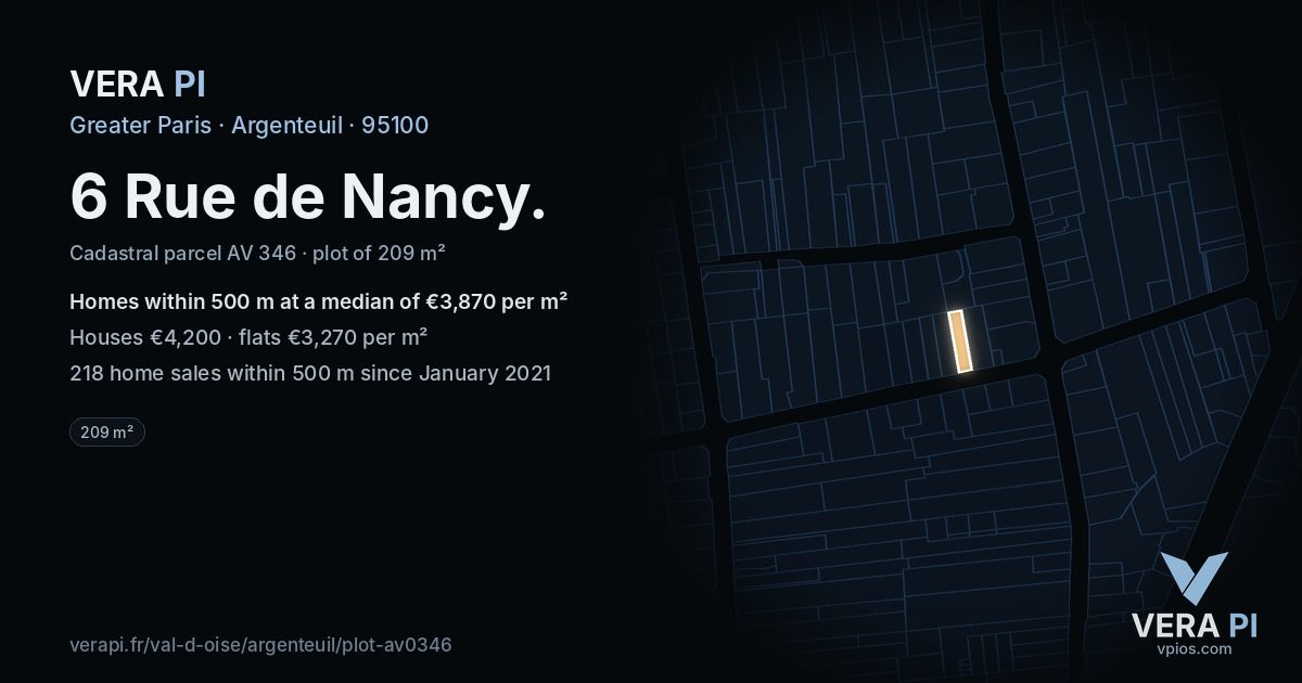 6 Rue de Nancy, Argenteuil at night – the plot lit, the parcels around coloured by the prices near them