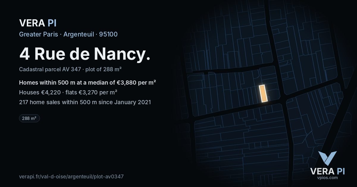 4 Rue de Nancy, Argenteuil at night – the plot lit, the parcels around coloured by the prices near them