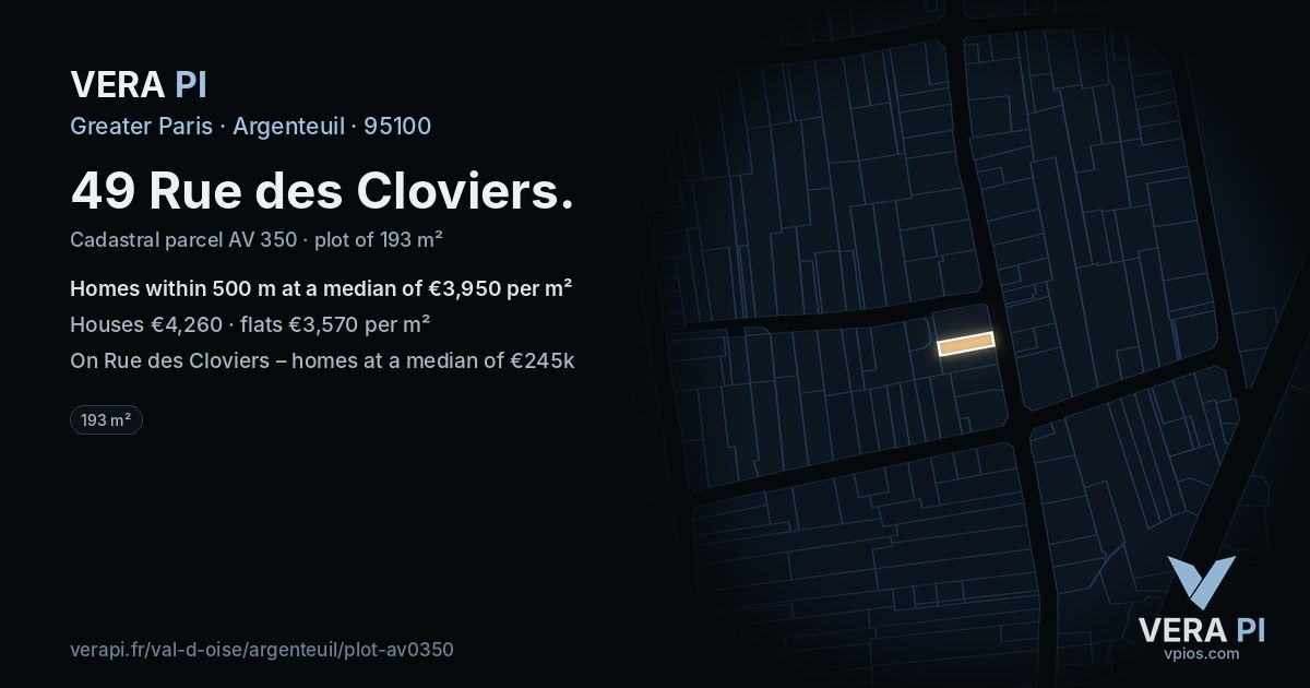 49 Rue des Cloviers, Argenteuil at night – the plot lit, the parcels around coloured by the prices near them