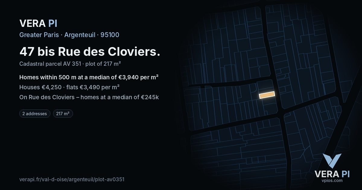 47 bis Rue des Cloviers, Argenteuil at night – the plot lit, the parcels around coloured by the prices near them