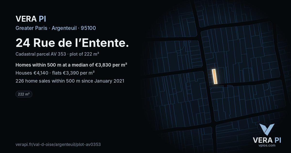 24 Rue de l’Entente, Argenteuil at night – the plot lit, the parcels around coloured by the prices near them